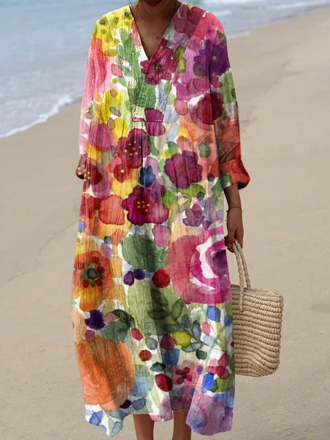 Women's Retro Art Watercolor Flowers Art Print Dress