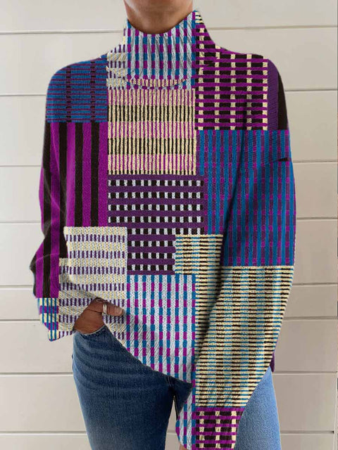 Women's Retro Art Color Lines Print Knit Turtleneck Pullover Sweater