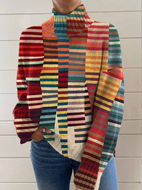 Women's Retro Art Colorful Geometry Print Knit Turtleneck Pullover Sweater
