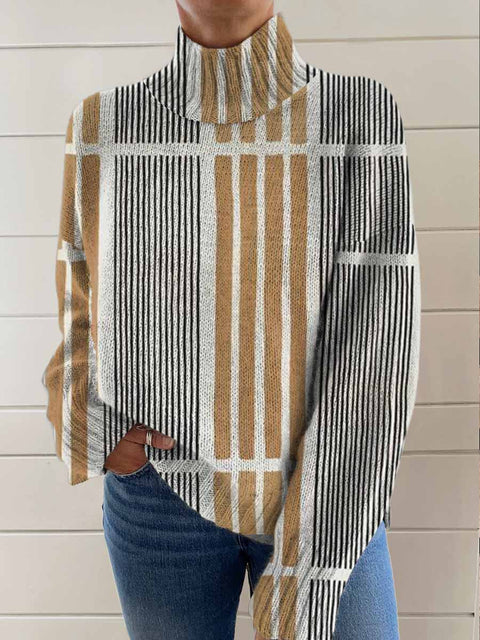 Women's Retro Art Lines Print Knit Turtleneck Pullover Sweater