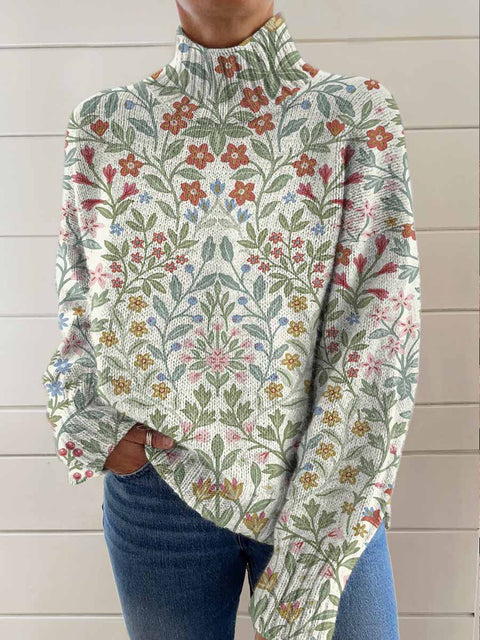 Women's Retro Art Flowers Print Knit Turtleneck Pullover Sweater