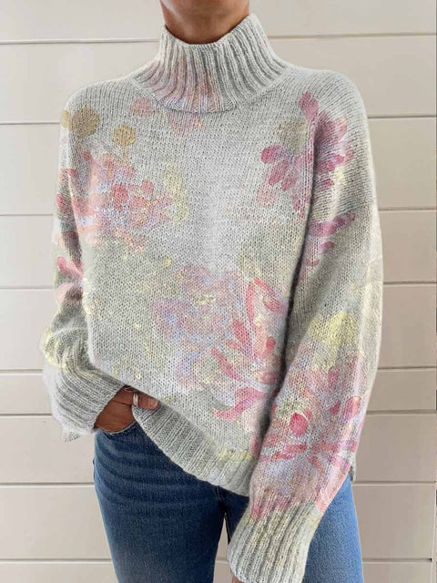 Women's Retro Art Chinese Style Flowers Print Knit Turtleneck Pullover Sweater