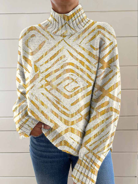 Women's Retro Art Lines Print Knit Turtleneck Pullover Sweater