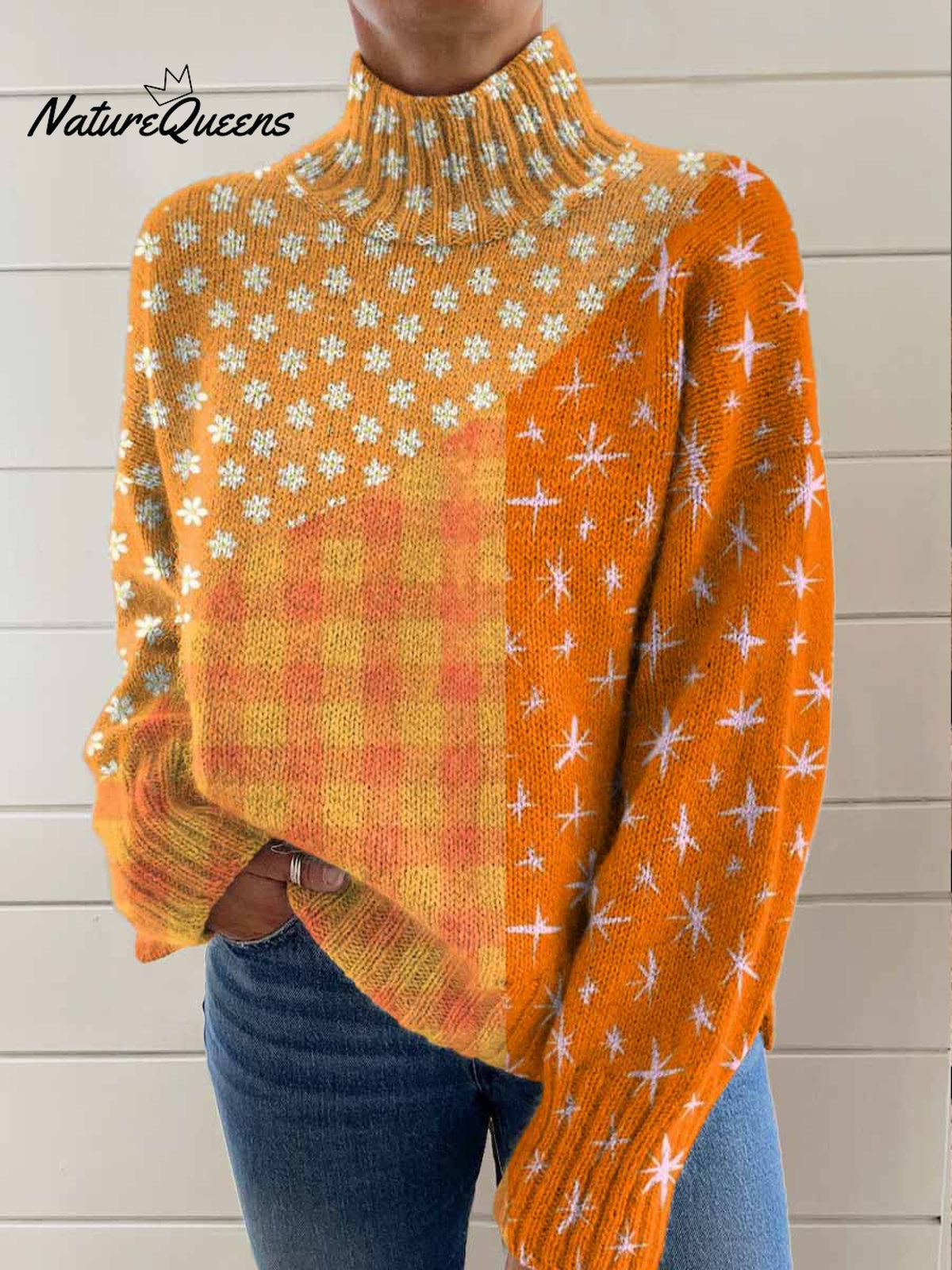 Women's Artistic Creative Star Flowers Print Knit Turtleneck Pullover Sweater