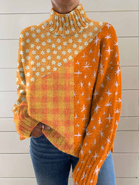 Women's Artistic Creative Star Flowers Print Knit Turtleneck Pullover Sweater