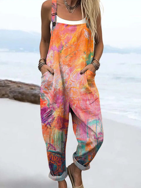 Women's Retro Color Art Blending Print Casual 100% Cotton Wide Leg Jumpsuit