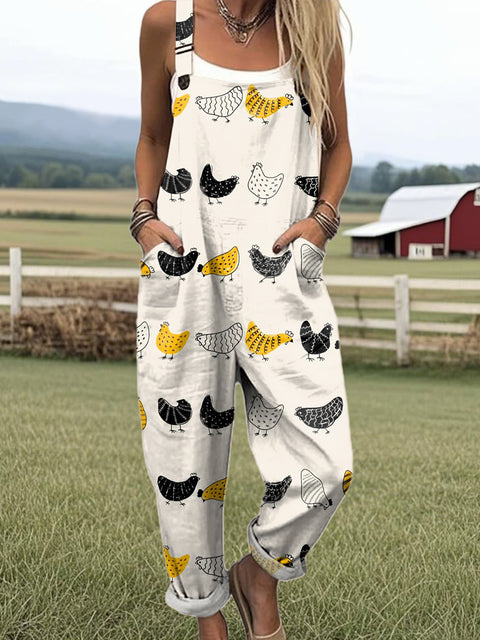 Women's Artistic Tasteful Chick Print Casual 100% Cotton Wide Leg Jumpsuit