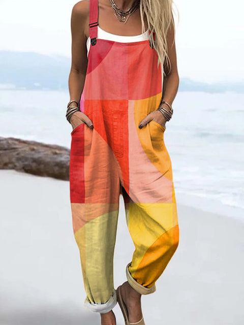 Women's Artistic Colorful Abstract Geometric Print Casual 100% Cotton Wide Leg Jumpsuit