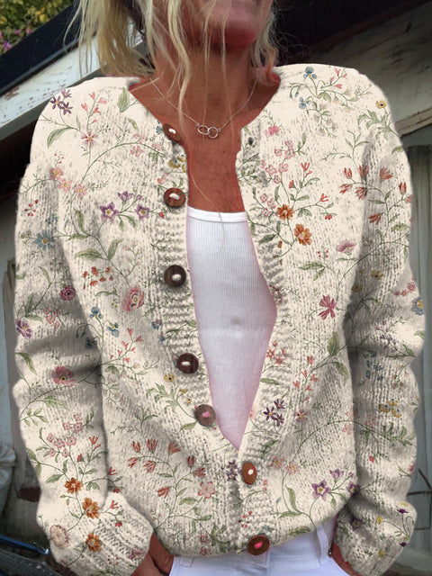 Women's Retro Art Floral Print Buttoned Cardigan Sweater
