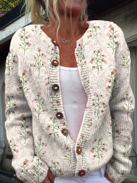 Women's Retro Art Floral Print Buttoned Cardigan Sweater