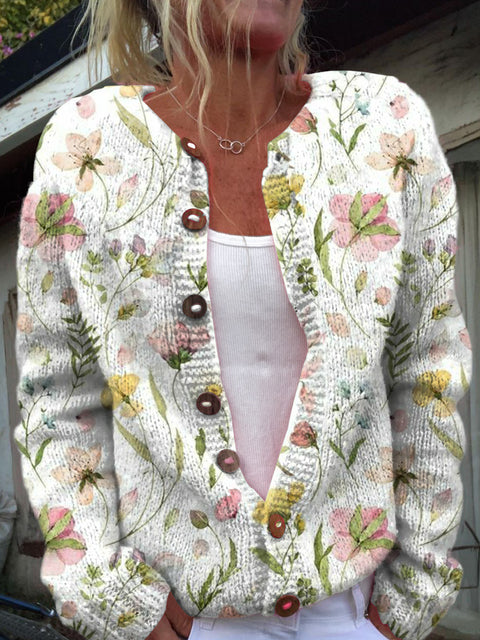 Women's Retro Art Floral Print Buttoned Cardigan Sweater