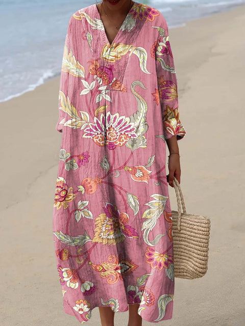 Women's Pink Retro Floral Artwork Print Dress