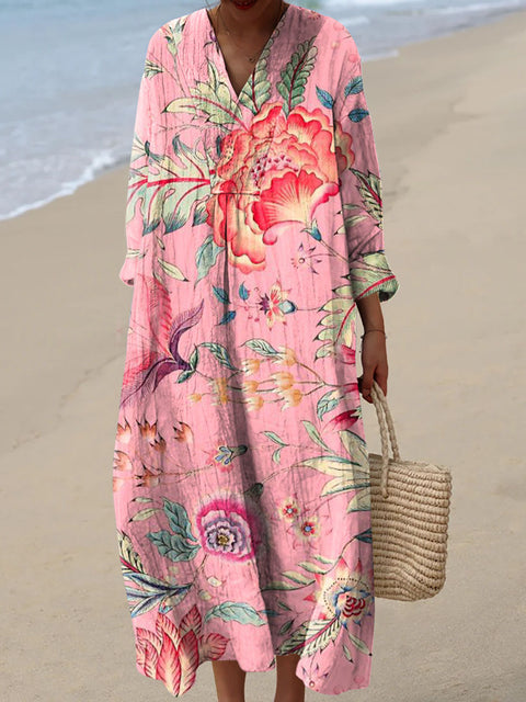 Women's Pink Retro Floral Artwork Print Dress