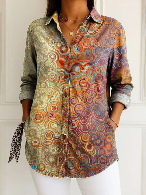 Women's Artistic Retro Abstract Lines Print Casual Cotton Shirt