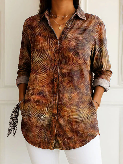 Women's Artistic Retro Abstract Lines Print Casual Cotton Shirt