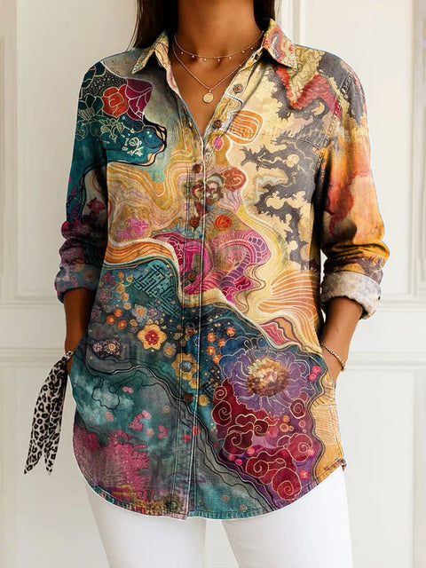 Women's Artistic Retro Abstract Lines Patterns Print Casual Cotton Shirt