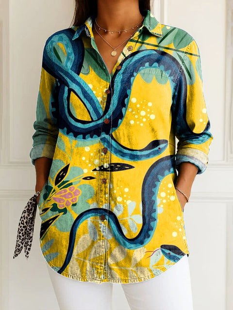 Women's Artistic Cartoon Creative Snake Print Casual Cotton Shirt