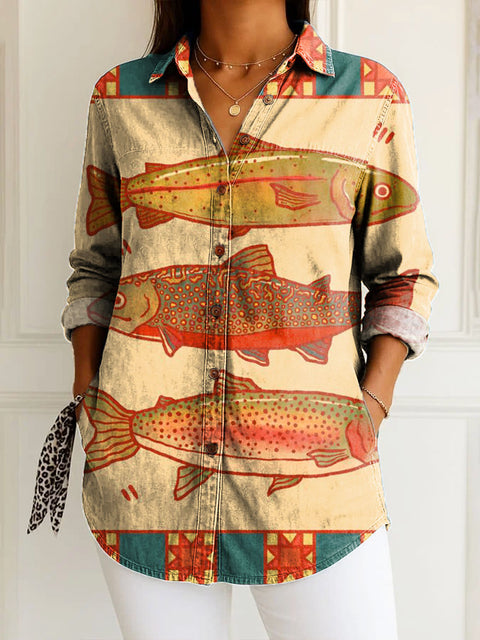 Women's Artistic Abstract Creative Fish Print Casual Cotton Shirt