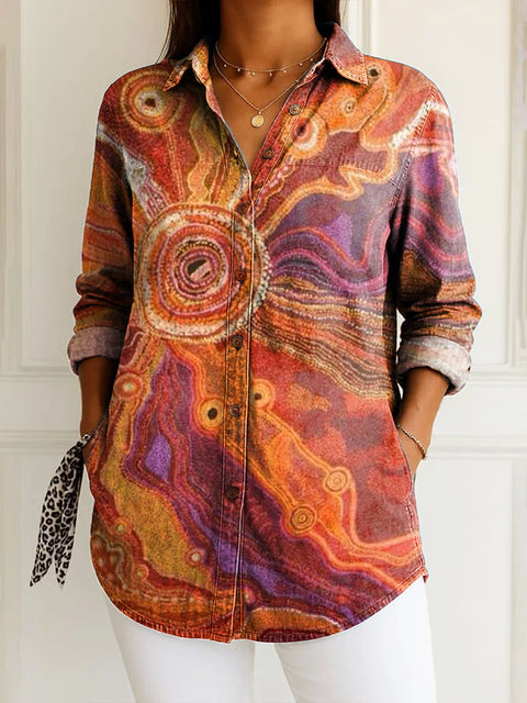 Women's Retro Art Abstract Pattern Print Casual Cotton Shirt