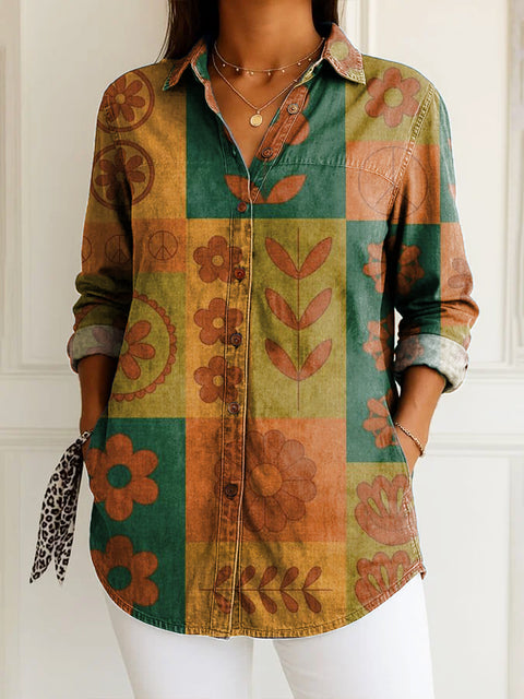 Women's Retro Art Geometric Flowers Print Casual Cotton Shirt