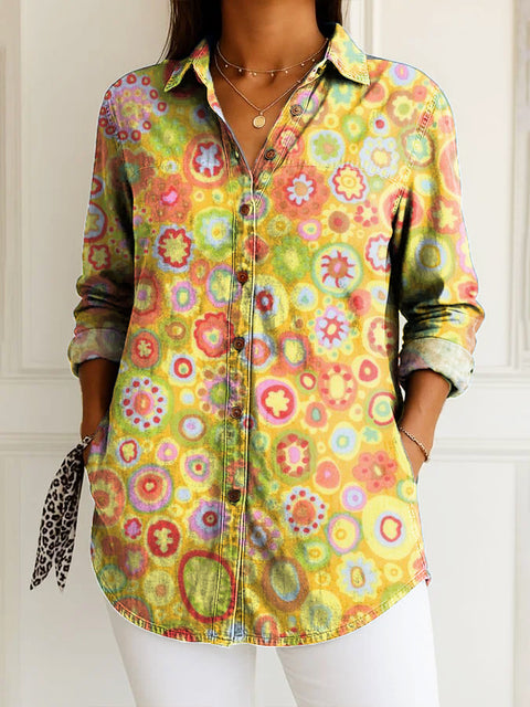 Women's Colourful Artistic Abstract Patterns Print Casual Cotton Shirt