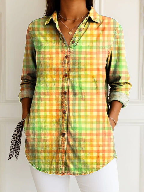 Women's Coloured Art Stripe Checks Print Casual Cotton Shirt