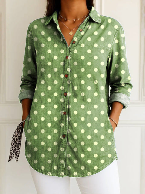 Women's Green Art Dots Print Casual Cotton Shirt