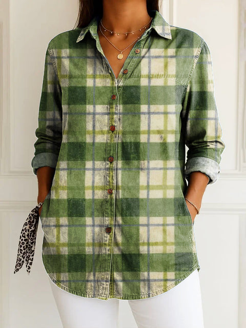 Women's Green Art Stripes And Checks Print Casual Cotton Shirt