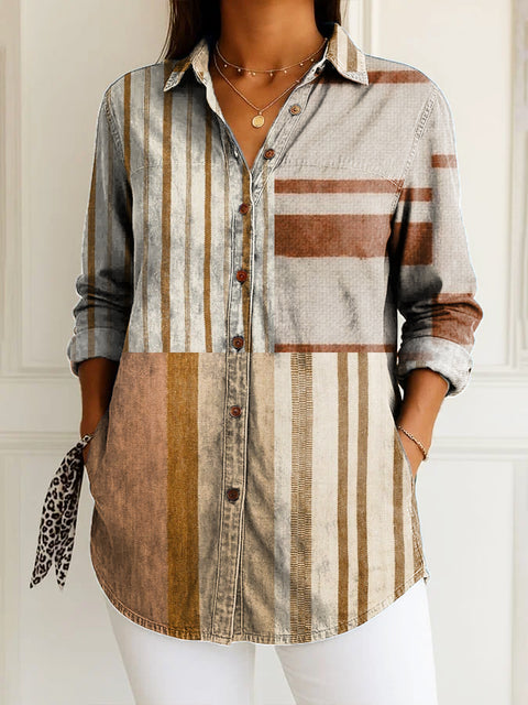 Women's Retro Artistic Lines Print Casual Cotton Shirt
