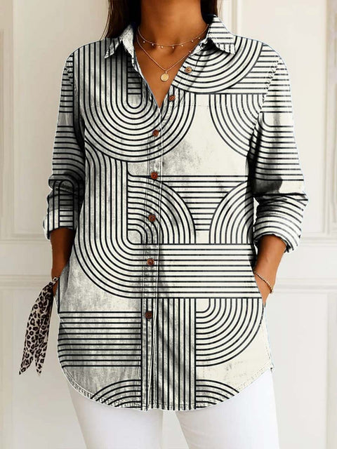 Women's Minimalist Artistic Lines Print Casual Cotton Shirt