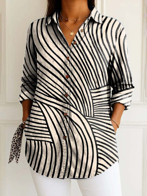 Women's Minimalist Artistic Lines Print Casual Cotton Shirt