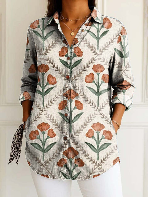 Women's Retro Artistic Flowers Print Casual Cotton Shirt