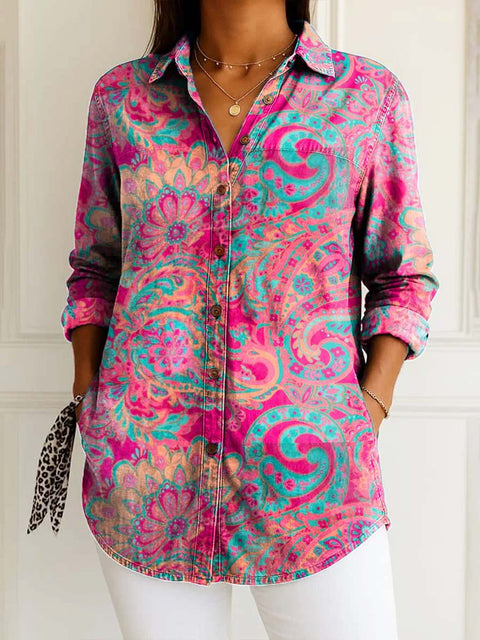 Women's Retro Ethnic Art Patterns Print Casual Cotton Shirt