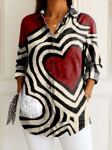 Women's Artistic Abstraction Line Heart Print Casual Cotton Shirt