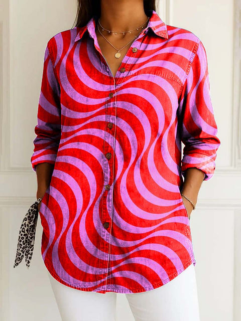 Women's Artistic Creativity Abstract Lines Print Casual Cotton Shirt