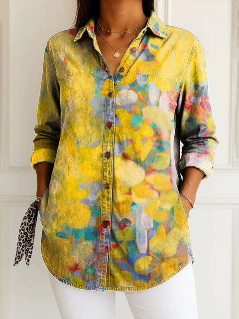 Women's Artistic Abstract Oil Painting Print Casual Cotton Shirt