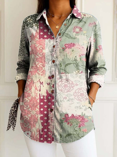 Women's Retro Art Floral Patchwork Print Casual Cotton Shirt