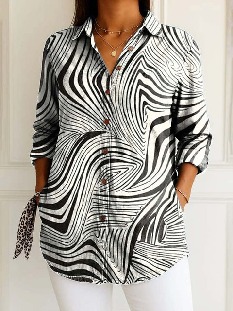 Women's Minimalist Art Abstract Lines Print Casual Cotton Shirt
