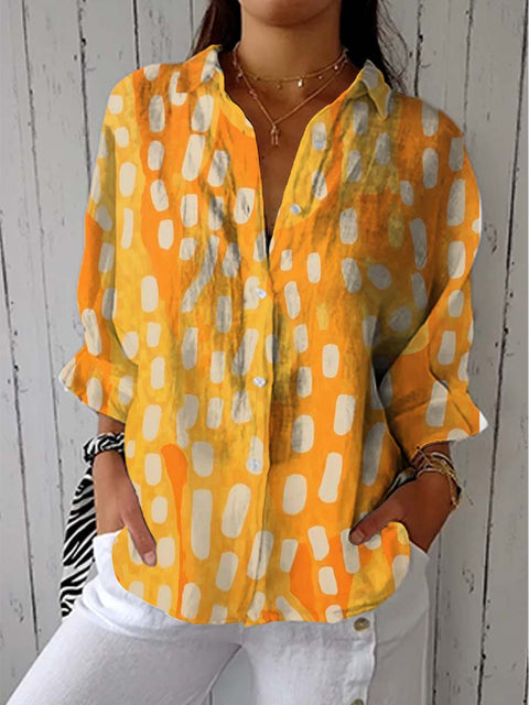 Women's Artistic Abstract Geometry Print Casual Linen V-neck Shirt