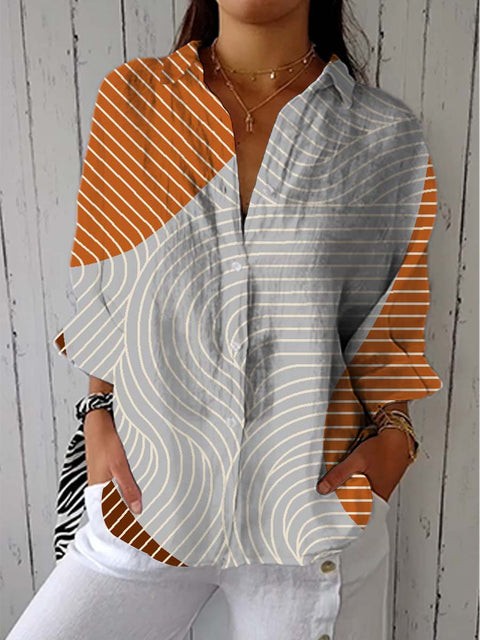 Women's Minimalist Art Abstract Lines Print Casual Linen V-neck Shirt