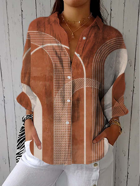Women's Minimalist Art Abstract Lines Print Casual Linen V-neck Shirt