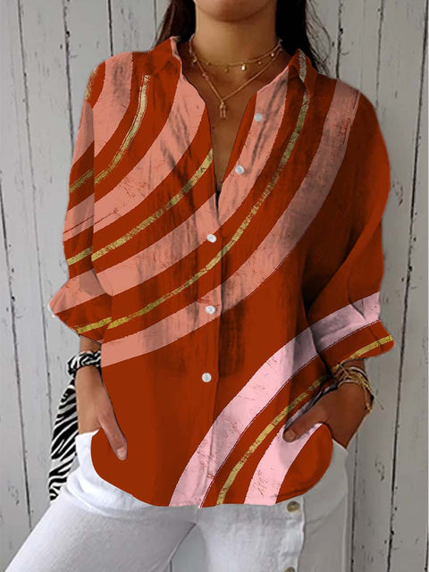 Women's Artistic Abstraction Lines Print Casual Linen V-neck Shirt