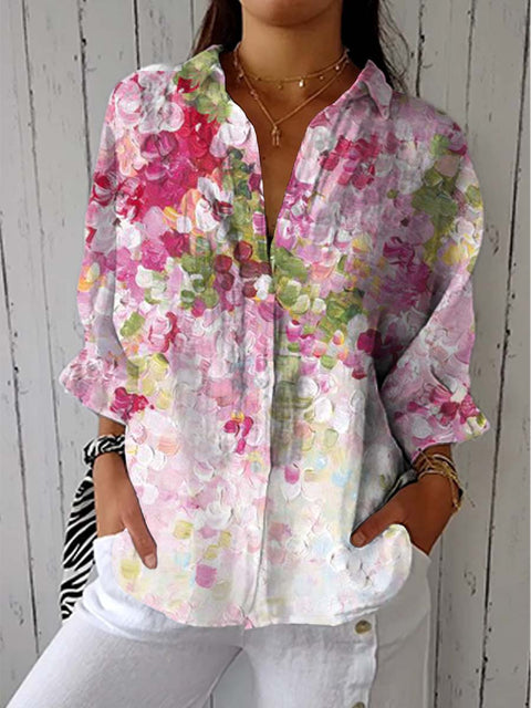Women's Retro Art Oil Painting Texture Print Casual Linen V-neck Shirt