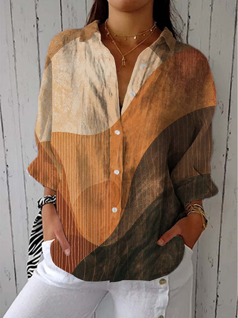 Women's Retro Art Abstract Geometric Lines Print Casual Linen V-neck Shirt