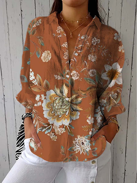 Women's Retro Artistic Flowers Print Casual Linen V-neck Shirt