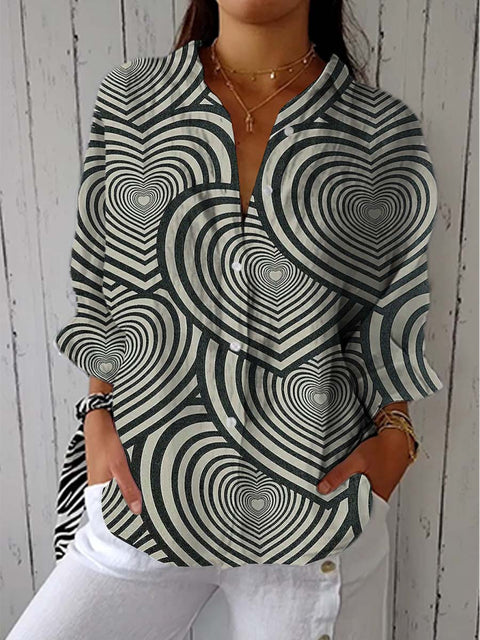 Women's Abstract Art Heart Print Casual Linen V-neck Shirt