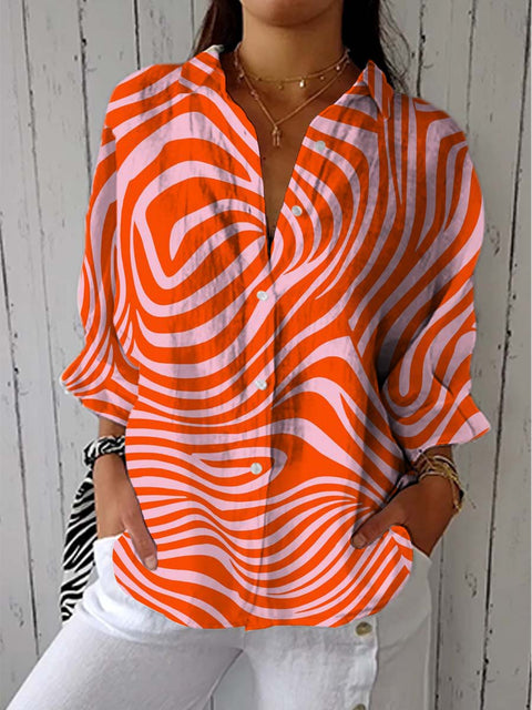 Women's Creative Abstraction Lines Print Casual Linen V-neck Shirt
