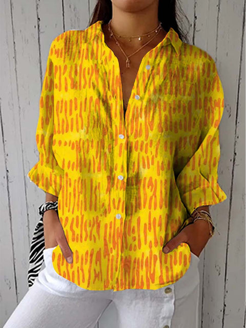 Women's Abstract Artistic Lines Print Casual Linen V-neck Shirt