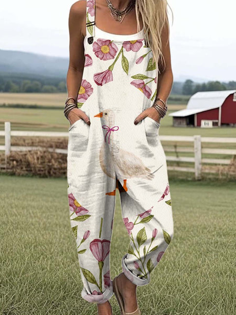 Women's Artistic Creative Floral Goose Print Casual 100% Cotton Wide Leg Jumpsuit