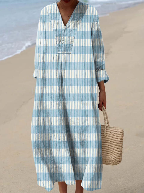 Women's Blue Artistic Grid Lines Art Print Dress